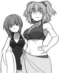  bangs bare_arms bikini breasts cleavage closed_mouth commentary_request cowboy_shot eyebrows_visible_through_hair greyscale hair_between_eyes hair_bobbles hair_ornament hand_on_hip holding innertube large_breasts looking_at_viewer medium_breasts monochrome multiple_girls navel one-piece_swimsuit onozuka_komachi sarong shiki_eiki short_hair simple_background smile sunatoshi sweat swimsuit touhou twintails white_background 