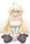  ahoge alternate_costume bespectacled black_legwear blonde_hair blue_eyes breasts full_body garter_straps glasses highres iowa_(kantai_collection) kantai_collection large_breasts lips long_hair looking_at_viewer no_pants ribbed_sweater sitting smile solo star star-shaped_pupils sweater symbol-shaped_pupils t2r thighhighs wariza 