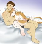 2018 amputee anthro bed boxers_(clothing) breasts clothed clothing cuddling duo eyes_closed female fur hair holding_(disambiguation) human interspecies jailbird lying male male/female mammal mouse nipples nude pillow rodent simple_background size_difference sleeping smile topless underwear 