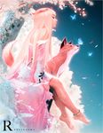  anklet artist_name bare_shoulders barefoot butterfly_on_nose cherry_blossoms closed_eyes closed_mouth commentary day fox from_side full_body jewelry long_hair original outdoors petals ross_tran signature sitting tree very_long_hair 