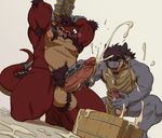  2boys ahegao blush cum ejaculation evil_grin furry handjob male_focus multiple_boys orgasm penis_grab penis_milking restrained size_difference steam yaoi 