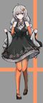  absurdres ahoge bangs bare_shoulders black_dress black_footwear blue_eyes blush braid breasts closed_mouth collared_dress colored_stripes detached_sleeves dress eyebrows_visible_through_hair full_body grey_background hair_ornament hairpin high_heels highres holding kizuna_akari long_hair long_sleeves looking_at_viewer medium_breasts orange_legwear pantyhose shawl shiny shiny_hair silver_hair smile solo standing star striped striped_legwear striped_sleeves tanaka_keiji twin_braids two-tone_background vertical-striped_legwear vertical_stripes vocaloid voiceroid 