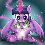  2017 abstract_background blue_hair collaboration dragon dsana duo emositecc equine eye_contact fangs feathered_wings feathers female friendship_is_magic front_view fur green_eyes grin hair happy horn hug magic male mammal my_little_pony pink_hair purple_eyes purple_fur purple_scales scales sitting smile spade_tail sparkles spike_(mlp) twilight_sparkle_(mlp) winged_unicorn wings 