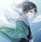  androgynous black_hair blue_eyes blue_sky closed_mouth cloud day from_side hair_ribbon light_rays looking_down male_focus open_clothes outdoors pom_pom_(clothes) ponytail profile ribbon scarf sky smile solo sunbeam sunlight touken_ranbu umigumo_yuuna upper_body white_scarf wide_sleeves yamato-no-kami_yasusada 