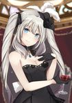  bangs black_dress black_flower black_gloves black_ribbon black_rose blue_eyes breasts cleavage closed_mouth commentary cup dress drinking_glass eyebrows_visible_through_hair fate/grand_order fate_(series) flower gloves highres jewelry k-rumi long_hair looking_at_viewer marie_antoinette_(fate/grand_order) medium_breasts necklace no_hat no_headwear ribbon rose silver_hair smile solo twintails very_long_hair wine_glass 