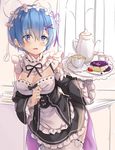  apron bangs black_bow black_dress black_ribbon blue_eyes blue_hair blush bow breasts cake cup detached_sleeves dress eyebrows_visible_through_hair food frilled_dress frilled_sleeves frills hair_ornament hair_over_one_eye hair_ribbon hitsukuya indoors leaning_forward looking_at_viewer maid maid_apron medium_breasts open_mouth pink_ribbon plate re:zero_kara_hajimeru_isekai_seikatsu rem_(re:zero) ribbon short_hair solo standing tea teacup teapot underbust white_apron white_legwear wide_sleeves x_hair_ornament 