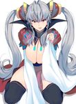  :p black_legwear breasts brown_eyes cleavage detached_sleeves earrings eyebrows highres huge_breasts jewelry long_hair masao naughty_face original silver_hair sitting solo thighhighs thighs tongue tongue_out twintails very_long_hair wariza 