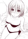  bandeau bare_arms bare_shoulders bikini blush breasts collarbone commentary_request eyebrows_visible_through_hair greyscale hair_between_eyes hitodama konpaku_youmu konpaku_youmu_(ghost) looking_up monochrome no_hairband nori_tamago nose_blush o-ring o-ring_top parted_lips short_hair sketch small_breasts solo sweatdrop swimsuit touhou work_in_progress 