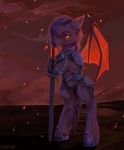  2018 animated armor bat_pony bat_wings blinking equine eyebrows eyelashes fan_character female glowing glowing_eyes hair holding_object holding_weapon horse longsword mammal melee_weapon membranous_wings my_little_pony pony pose purple_hair rock signature solo sparks standing sword text utauyan volcano weapon wings yellow_eyes 