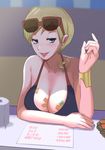  1girl beauty_(pokemon) bikini blonde_hair blue_bikini blue_eyes blush breasts cleavage collarbone earrings fellatio_gesture female half-closed_eyes hand_up highres kurorekishiman large_breasts lips looking_at_viewer motion_lines npc_trainer open_mouth poke_ball_theme pokemon pokemon_(game) pokemon_sm red-framed_eyewear short_hair smile solo sunglasses swimsuit text upper_body 