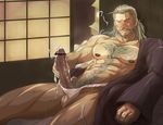  1boy abs bara body_hair erection geralt_of_rivia male_focus masturbation muscle penis silver_hair solo testicles the_witcher 