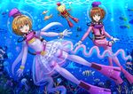  :d blush brown_hair cardcaptor_sakura diving_helmet dual_persona eyebrows_visible_through_hair fish flippers frilled_skirt frills green_eyes hair_between_eyes hair_ornament helmet highres jellyfish kazenokaze kero keychain kinomoto_sakura multiple_girls open_mouth pink_legwear scuba_gear scuba_tank short_hair skirt smile star star_hair_ornament underwater wetsuit white_legwear 