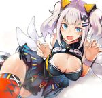  bangs blue_eyes breasts claw_pose cleavage cleavage_cutout commentary_request dress fang hair_ornament highres kaguya_luna kaguya_luna_(character) large_breasts lying nishiide_kengorou on_side open_mouth silver_hair sleeveless solo thighhighs twintails virtual_youtuber 