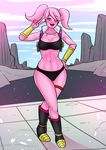  2018 absurd_res alien bandeau breasts clothed clothing digital_media_(artwork) dragon_ball dragon_ball_xenoverse dragon_ball_z female green_eyes hi_res humanoid kahix majin not_furry one_eye_closed open_mouth panties pink_skin smile solo underwear v_sign video_games 