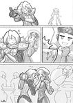  2girls adepta_sororitas adeptus_astartes blush comic drinking greyscale hands_on_another's_cheeks hands_on_another's_face lutherniel monochrome multiple_boys multiple_girls pointing power_armor warhammer_40k 