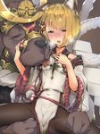  animal_ears blonde_hair blush braid cameltoe commentary_request dog dog_ears granblue_fantasy hair_ornament japanese_clothes licking open_mouth pantyhose pelvic_curtain rope shimenawa short_hair spread_legs uno_ryoku vajra_(granblue_fantasy) yellow_eyes 