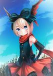  artist_request bat_wings black_gloves black_shirt blonde_hair blue_eyes bow buttons cloud day earrings elbow_gloves elin_(tera) eyebrows_visible_through_hair gloves grass hair_bow hand_on_hip head_wings highres jewelry mankun outdoors red_scarf red_skirt ribbon scarf shirt short_hair skirt sky sleeveless sleeveless_shirt smile solo tall_grass tera_online upper_body wings 