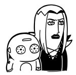  1boy bkub commentary greyscale height_difference jojo_no_kimyou_na_bouken leone_abbacchio lipstick long_hair looking_to_the_side makeup male_focus monochrome moody_blues_(stand) shirt simple_background solo stand_(jojo) upper_body vento_aureo white_background 