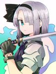  anarogumaaa aqua_eyes ascot black_bow black_gloves bow chromatic_aberration closed_mouth commentary_request fingerless_gloves from_side gloves hair_bow hair_over_one_eye holding holding_sword holding_weapon konpaku_youmu looking_at_viewer one_eye_closed short_hair short_sleeves silver_hair solo sword touhou unsheathed upper_body weapon 