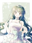  alternate_costume alternate_hairstyle blush breasts chabashira_tenko choker danganronpa dress green_eyes green_hair hair_ornament happy_birthday highres long_hair medium_breasts mizutama mole mole_under_mouth new_danganronpa_v3 smile solo wedding_dress 