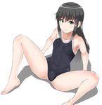  30-06 asashio_(kantai_collection) black_hair blue_eyes breasts competition_school_swimsuit highres kantai_collection light_smile long_hair looking_at_viewer one-piece_swimsuit school_swimsuit shadow sitting small_breasts solo spread_legs swimsuit white_background 