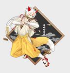  animal_ears dango facial_mark food fox_ears fox_tail hakama highres japanese_clothes konnosuke male_focus mouth_hold personification sandals sanshoku_dango tabi tail tantou tasuki touken_ranbu twoframe wagashi weapon white_hair yellow_eyes 