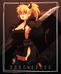  armor belt boots breasts clothed clothing dav-19 demon dorohedoro female footwear gradient_background hair holding_object holding_weapon horn humanoid knife legwear looking_at_viewer nikaido_(dorohedoro) orange_hair pouches red_eyes side_boob simple_background skimpy solo spade_tail standing thigh_highs weapon 