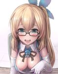  1girl bare_shoulders blonde_hair blue_eyes blush breasts elbow_gloves eyebrows_visible_through_hair female glasses gloves hair_between_eyes hair_ribbon long_hair looking_at_viewer medium_breasts mirai_akari mirai_akari_project nipples open_mouth ponytail red_ribbon ribbon simple_background solo teeth tile_floor tiles white_background white_gloves z_z_z_z_z 