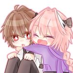  2boys ahoge astolfo_(fate) bangs black_pants black_ribbon blush braid breasts brown_hair couple eyebrows_visible_through_hair eyes_closed fang fate/apocrypha fate_(series) h2o_(@h2osu5) hair_between_eyes hair_ornament hair_ribbon hands_on_own_knees hooded_jacket jacket long_braid long_hair long_sleeves male_focus multicolored_hair multiple_boys pants pink_hair purple_jacket red_eyes ribbon shirt short_hair sieg_(fate/apocrypha) single_braid trap two-tone_hair very_long_hair waistcoat white_shirt 