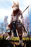  2017 abs anthro blue_eyes canine clothing digital_media_(artwork) fur kemono kuttoyaki mammal scarf tattoo wolf 