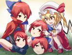  blonde_hair cape commentary_request disembodied_head flandre_scarlet grass hair_ribbon hat hat_ribbon jeno mob_cap multiple_girls multiple_heads red_eyes red_hair ribbon sekibanki skirt squatting touhou 