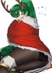  absurdres ass black_footwear black_legwear blush bodysuit boots bracelet cape christmas cosplay embarrassed fire_emblem fire_emblem:_kakusei fire_emblem:_rekka_no_ken fire_emblem_heroes green_eyes green_hair high_ponytail highres horns jewelry knee_boots long_hair looking_at_viewer lyndis_(fire_emblem) ormille pantyhose ponytail solo tharja tharja_(cosplay) thighhighs_under_boots tiara white_background 