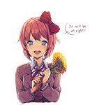  :d bangs bow brown_vest collared_shirt commentary doki_doki_literature_club eyebrows_visible_through_hair flower hair_bow holding holding_flower jacket long_sleeves looking_at_viewer neck_ribbon official_art open_clothes open_jacket open_mouth purple_eyes red_bow red_hair red_jacket red_ribbon ribbon round_teeth satchely sayori_(doki_doki_literature_club) school_uniform shirt short_hair simple_background smile solo speech_bubble sunflower teeth upper_body vest white_background wing_collar 