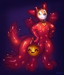  2009 anthro canine collar costume demon devil_costume digital_drawing_(artwork) digital_media_(artwork) food fox fruit fur halloween holidays horn long_tail male mammal multi_tail pumpkin purple_background rubber simple_background solo star turbinedivinity wings 