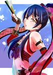  alternate_hairstyle arm_strap bangs blue_hair commentary_request fan fingerless_gloves folding_fan gloves hair_between_eyes hair_ornament hair_ribbon long_hair looking_at_viewer love_live! love_live!_school_idol_festival love_live!_school_idol_project ninja open_mouth ponytail ribbon shuriken solo sonoda_umi striped upper_body urutsu_sahari yellow_eyes 