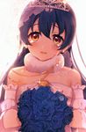  bangs blue_flower blue_hair bouquet bridal_veil bride dress earrings eyebrows_visible_through_hair flower hair_between_eyes highres jewelry long_hair looking_at_viewer love_live! love_live!_school_idol_festival love_live!_school_idol_project open_mouth sakura_yuki_(clochette) scan simple_background solo sonoda_umi strapless strapless_dress tears tiara veil wedding_dress white_dress yellow_eyes 