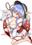  2018 animal barefoot black_hat blue_hair blush breasts cleavage dog floral_print flower food from_above fruit full_body hair_between_eyes hair_flower hair_ornament hat highres hinanawi_tenshi japanese_clothes kimono large_breasts long_hair looking_at_viewer neropaso obi peach petting red_eyes rope sandals sash sitting solo touhou wariza white_background white_kimono 