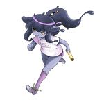  bangs black_sclera blue_skin boots buruma commentary full_body gym_uniform holding knee_boots latenight long_hair looking_at_viewer monster_girl monster_girl_encyclopedia name_tag purple_hair purple_legwear relay_baton running shirt shoes shoggoth_(monster_girl_encyclopedia) short_sleeves smile sneakers solo sweat tentacle_hair transparent_background untied_shoes white_shirt yellow_eyes 