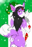  balls big_balls big_butt black_hair butt christmas dickgirl digimon dorumon erection fluffy fluffy_tail fox_tail fur hair hat holidays homicidal-hobbit intersex penis purple_fur purple_skin santa_hat solo stripes white_fur white_skin wings 