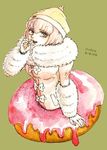  1girl andou_ruruka beanie blue_eyes bob_cut coat danganronpa danganronpa_3 doughnut eyebrows fur-trimmed_coat fur_trim hat open_mouth pink_coat pink_hair short_hair simple_background solo 