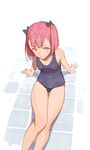  bare_arms bare_legs bare_shoulders blue_swimsuit breasts closed_mouth commentary eyebrows_visible_through_hair fate/grand_order fate_(series) feet_out_of_frame helena_blavatsky_(fate/grand_order) highres long_legs looking_at_viewer one-piece_swimsuit pink_eyes pink_hair short_hair sitting sketch small_breasts solo swimsuit tim_loechner 