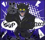  2017 3_toes 5_fingers anthro black_fur canine clothed clothing english_text front_view fully_clothed fur hand_in_pocket invalid_tag jacket karma_(torquewintress) mammal open_mouth paws solo text toes torquewintress wolf yellow_eyes 