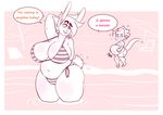  2018 anthro arm_above_head ball beach beach_ball big_breasts bikini breasts clothing dulce_(character) duo english_text female huge_breasts invalid_tag kobold lagomorph male mammal monochrome mr.pink partially_submerged pink_theme pwink rabbit seaside slightly_chubby swimsuit text thick_thighs voluptuous wide_hips 