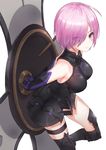  boots breasts commentary_request dress elbow_gloves fate/grand_order fate_(series) gloves hair_over_one_eye kfr looking_at_viewer mash_kyrielight medium_breasts pink_eyes pink_hair shield short_hair sleeveless smile solo thigh_strap thighhighs tight_dress white_background 