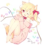  ;3 ;d ahoge alternate_costume animal_ears aogiri_sei bare_legs barefoot blonde_hair bloomers bow chain collar dog_ears dog_tail extra_ears flandre_scarlet full_body hair_bow happy_new_year kemonomimi_mode looking_at_viewer new_year off-shoulder_sweater one_eye_closed open_mouth pointy_ears red_bow red_eyes simple_background sleeves_past_wrists smile solo strap_slip sweater tail touhou underwear white_background wings 