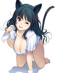  ;d all_fours animal_ears barefoot black_hair blue_eyes breasts cat_ears cat_tail cleavage fangs head_tilt highres large_breasts long_hair looking_at_viewer masao one_eye_closed open_mouth original revision simple_background smile solo tail tail_raised white_background wrist_cuffs 