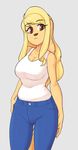  2017 anthro blonde_hair breasts brown_eyes canine clothed clothing dog eyelashes female fully_clothed hair hi_res jeans long_hair looking_at_viewer mammal pants shirt simple_background skecchiart solo tank_top vanessa_(skecchiart) 