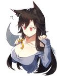  ? alternate_costume animal_ears between_breasts breasts brown_hair cleavage grey_sweater hair_ornament hands_up imaizumi_kagerou jewelry kasuka_(kusuki) large_breasts long_hair long_sleeves necklace red_eyes simple_background solo sweatdrop sweater touhou upper_body white_background wolf_ears 