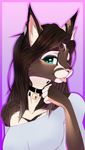  2017 anthro brown_hair cat clothed clothing collar digital_media_(artwork) ear_piercing eyelashes feline female green_eyes hair mammal piercing pink_background pink_nose pink_tongue savemekitty simple_background smile solo tongue 
