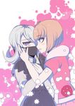  2girls andou_ruruka bangs blue_eyes bob_cut child danganronpa danganronpa_3 dress duo eyebrows flipped_hair kimura_seiko mask medical_mask multiple_girls one_eye_covered open_mouth pink_hair purple_eyes ribbon shirt short_hair side_bangs silver_hair skirt surgical_mask 